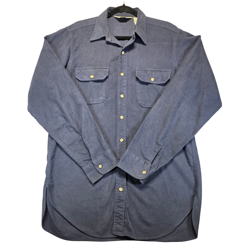 Woolrich Vintage Mens Large Navy Blue Chamois Cotton Flannel Work Shirt USA Made